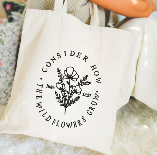 Consider The Wildflowers Christian Verse Embroidered Gift Tote Bag