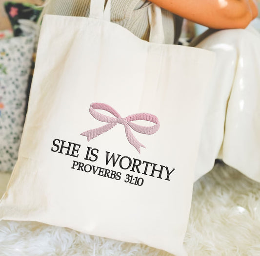 She Is Worthy Proverbs Embroidered Christian Tote Bag Gift